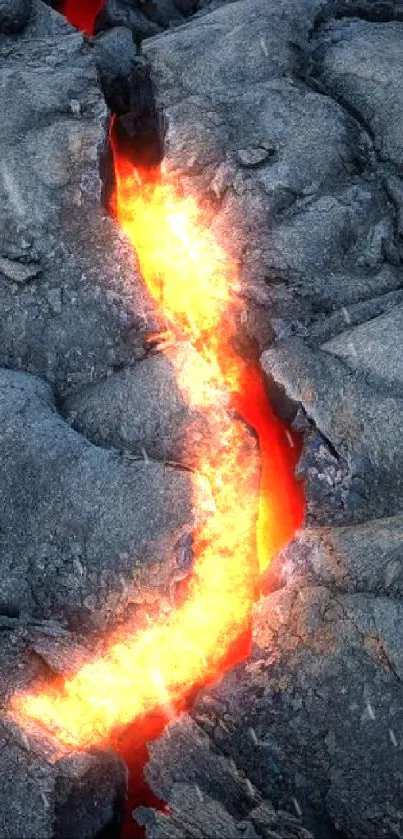 Molten lava flows through dark rock crack.