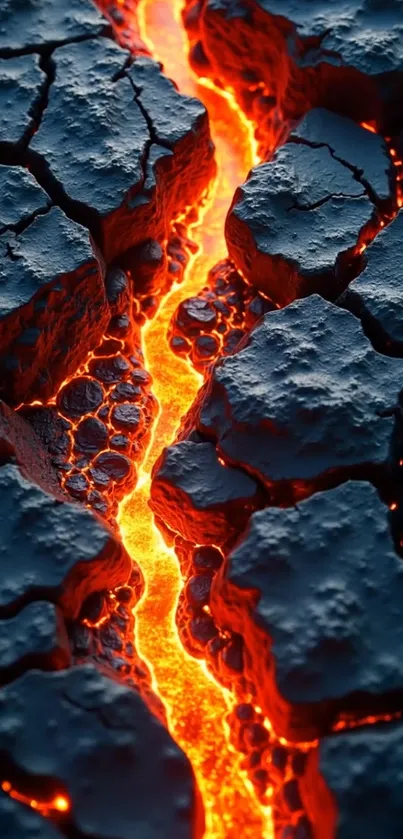 Cracks with glowing lava in dark textured rocks.