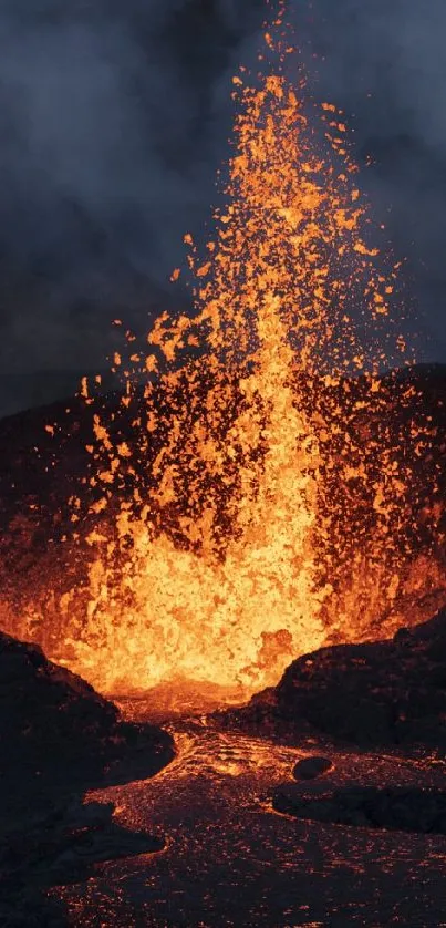 Dynamic lava eruption against dark gray sky, showcasing nature's fiery energy.