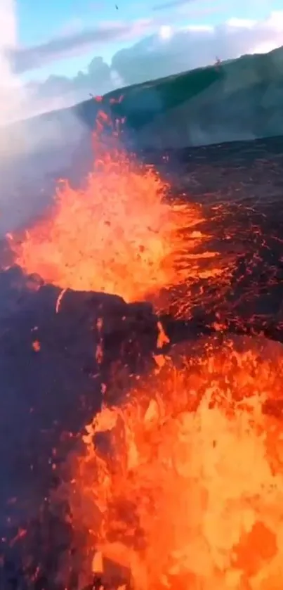 Dynamic lava flow under a blue sky.