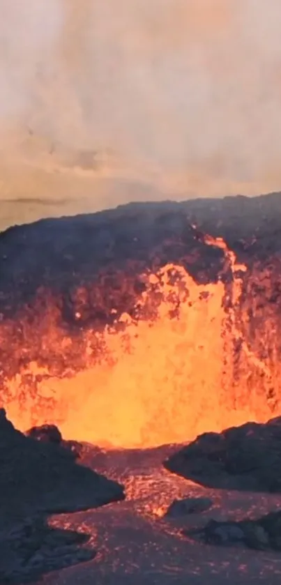 Vibrant lava flow against rugged landscape.