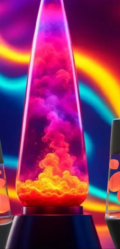 Vibrant lava lamp in neon colors with psychedelic patterns.