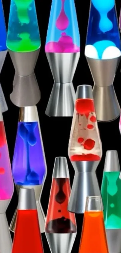 Vibrant collection of colorful lava lamps against a black background.
