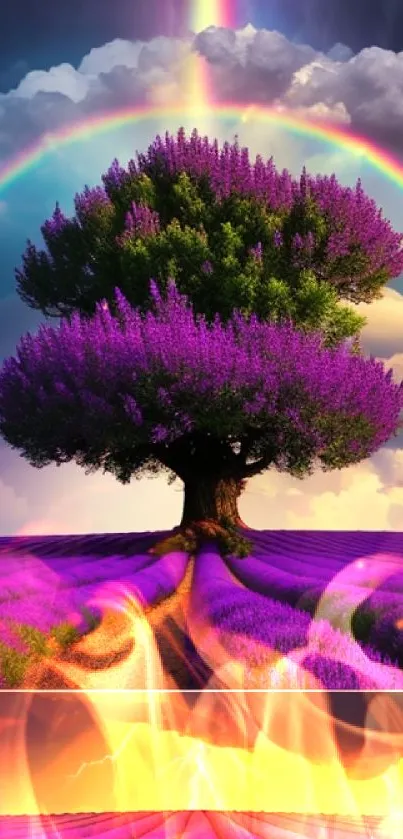 Majestic lavender tree with rainbow and lightning in a scenic field.