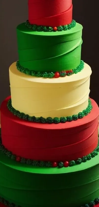 Vibrant layered cake with red, green, and yellow tiers in bright festive colors.