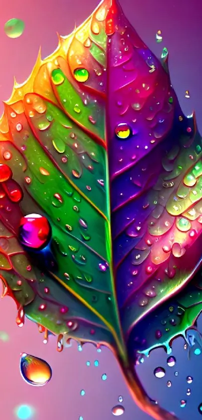 Vibrant leaf with colorful droplets on digital art wallpaper.