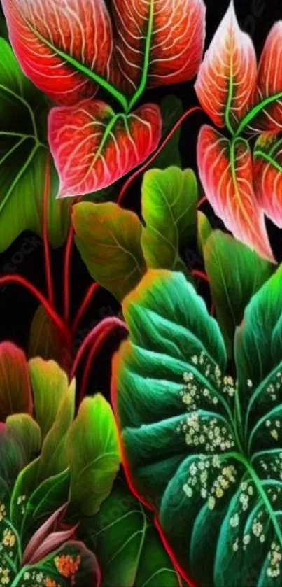 Vibrant colorful leaf pattern on dark background.