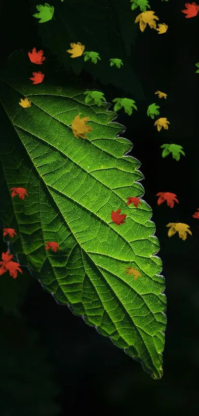 Green leaf with colorful falling leaves wallpaper.