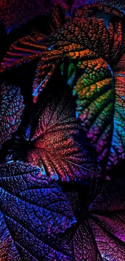 Colorful, textured leaves on a dark background in a vibrant, artistic wallpaper design.