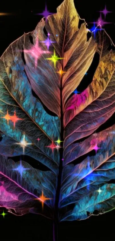 Vibrant multicolored leaf on black background wallpaper.