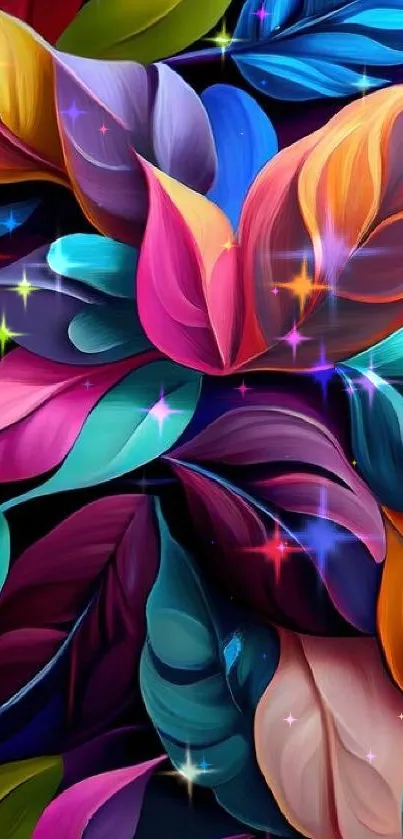 Vibrant colorful leaf art mobile wallpaper with blue and orange hues.