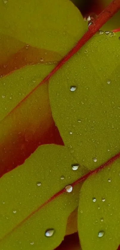 Close-up shot of dewy green and red leaves for wallpaper.