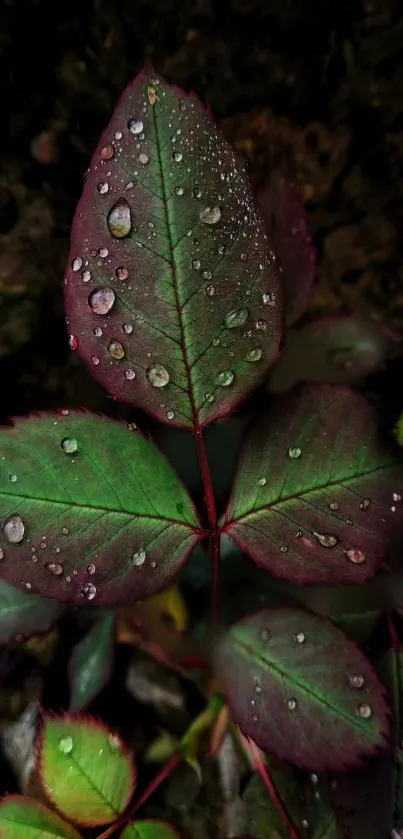 Close-up of vibrant green and burgundy leaf with dewdrops.