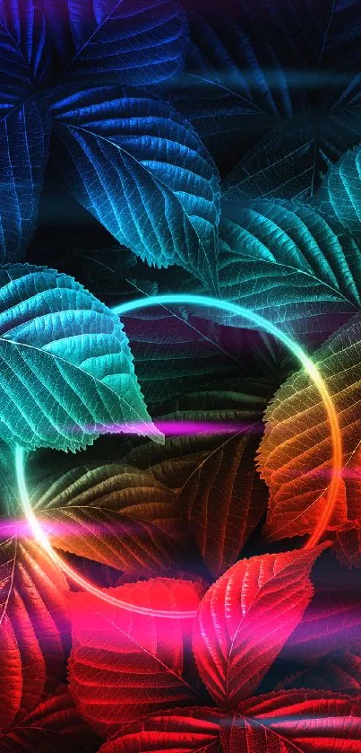 Colorful neon leaves with glowing circle.