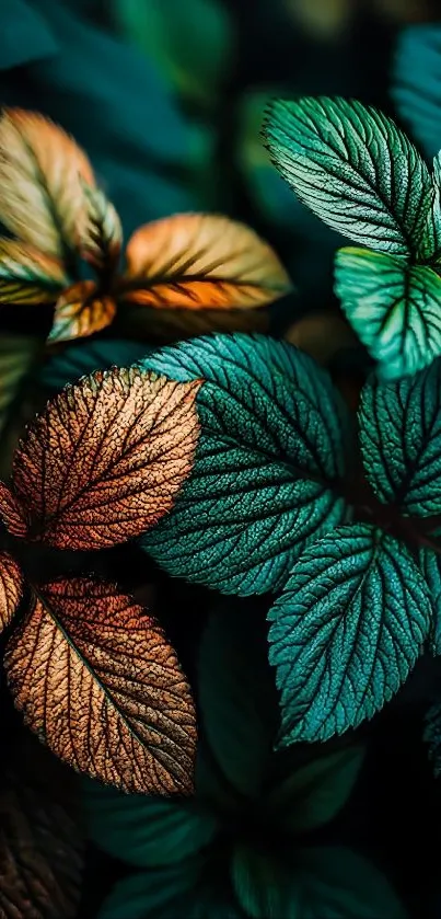 Vibrant leaves with green and orange tones.