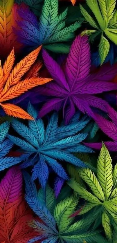 Vibrant multicolored leaf pattern wallpaper.