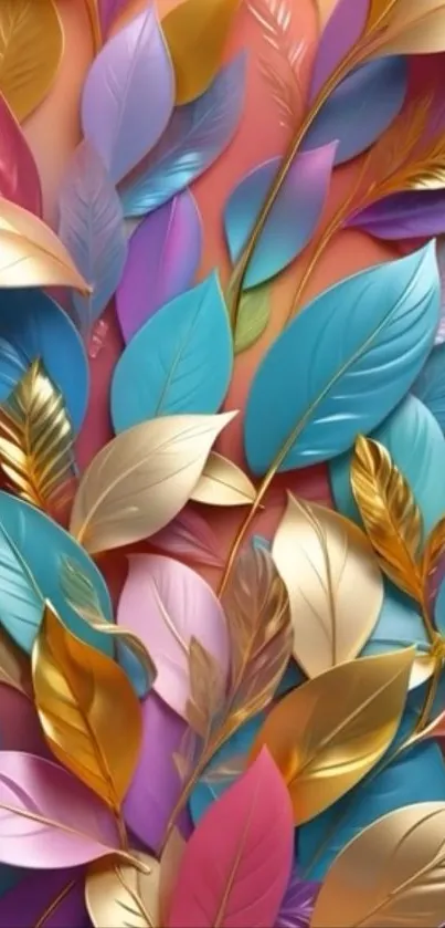 Colorful leaves with gold accents wallpaper design.
