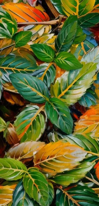 Vibrant leaves artwork with green and orange hues.