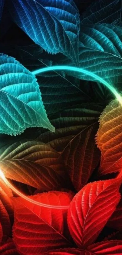 Vibrant wallpaper with glowing leaves in blue, green, and red hues.