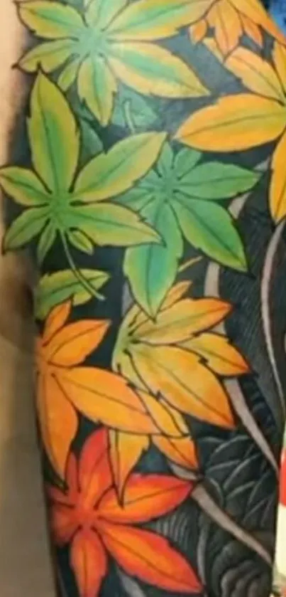 Colorful tattoo leaves on a black background.