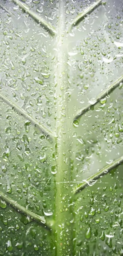 Close-up of green leaf with rain droplets.