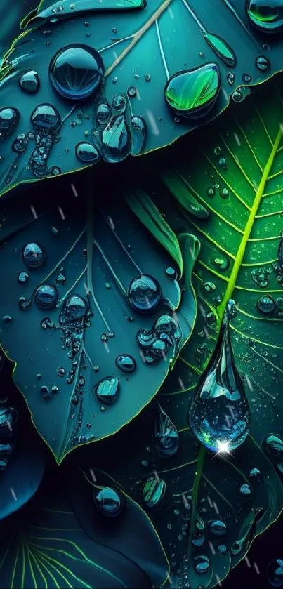 Vibrant leaves with droplets on a mobile wallpaper.