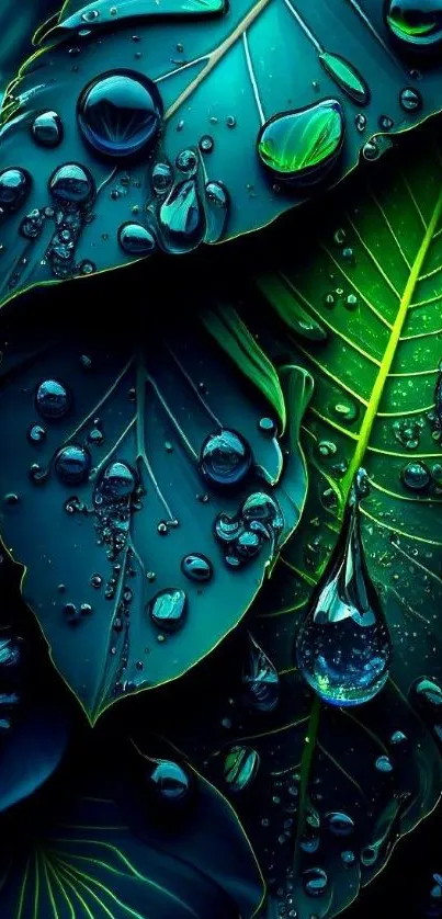 Wallpaper of vibrant green leaves with water droplets.