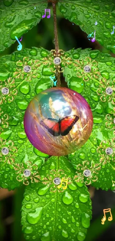 Green leaf with butterfly orb and dewdrops wallpaper.