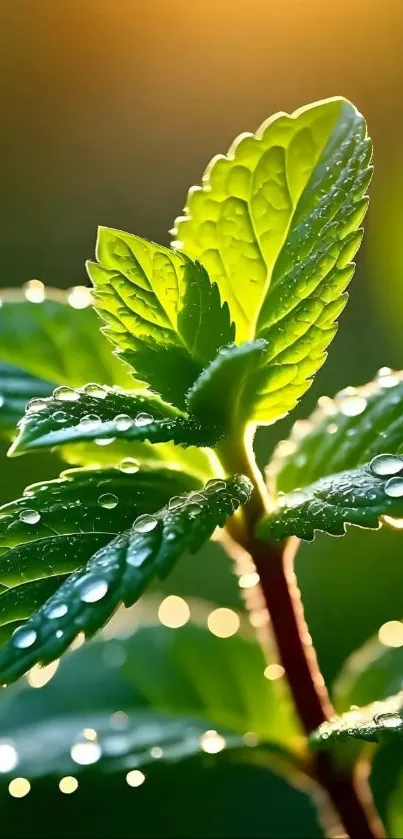 A vibrant green leaf with dewdrops against a blurred green background.