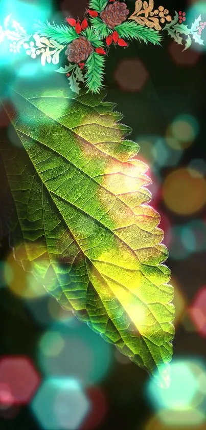 Vibrant green leaf with festive bokeh and decorative accents.