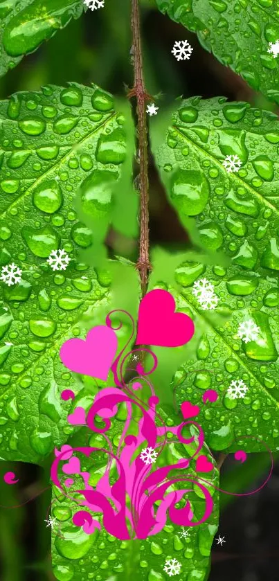 Green leaves with pink hearts and snowflakes wallpaper.