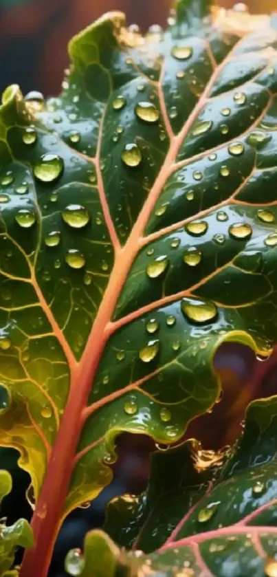 Close-up of a leaf with water droplets shining brightly.