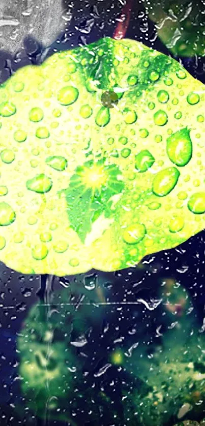 Green leaf with water droplets on a dark background.