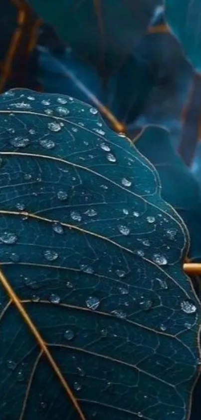 Teal leaf with water droplets and gold highlights.