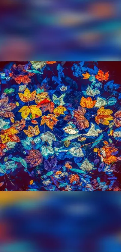 Vibrant autumn leaves in red, orange, and blue create a dynamic phone wallpaper.