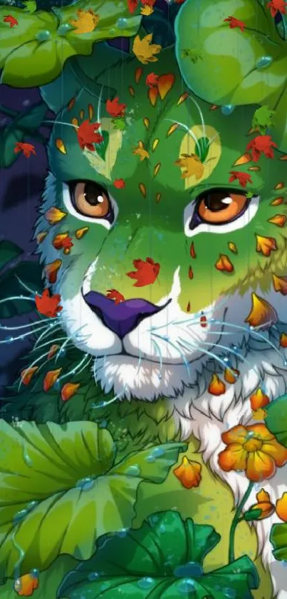 Leafy jaguar with vibrant colors and green foliage.