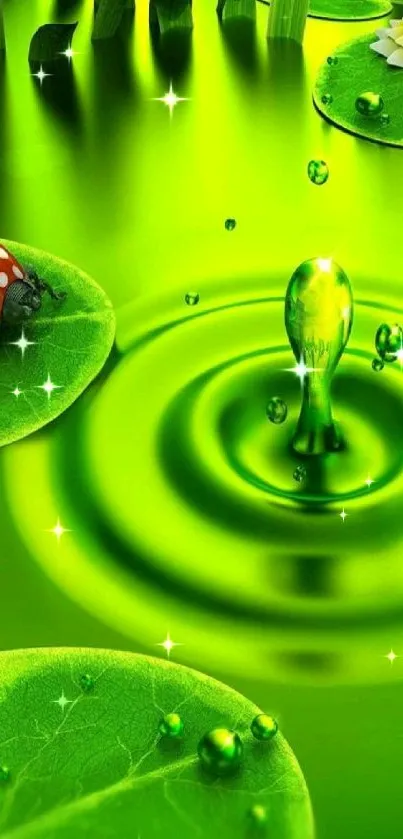 Vibrant lime green pond with leaves and water droplets wallpaper.