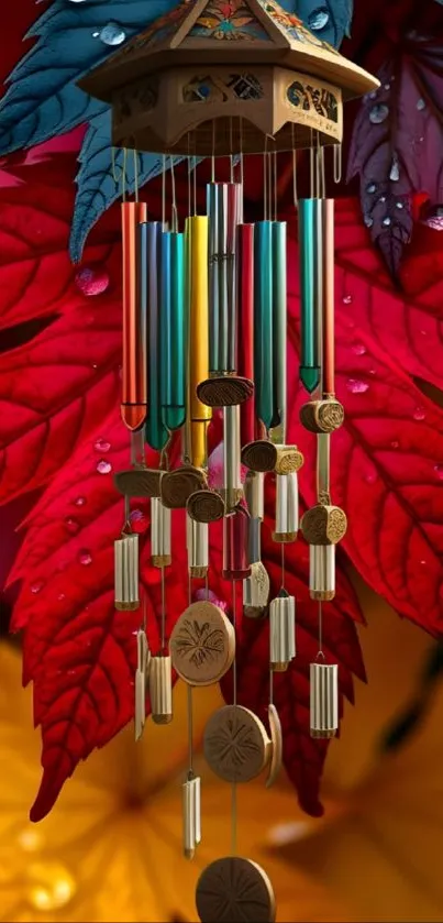 Colorful wind chimes with autumn leaves background.