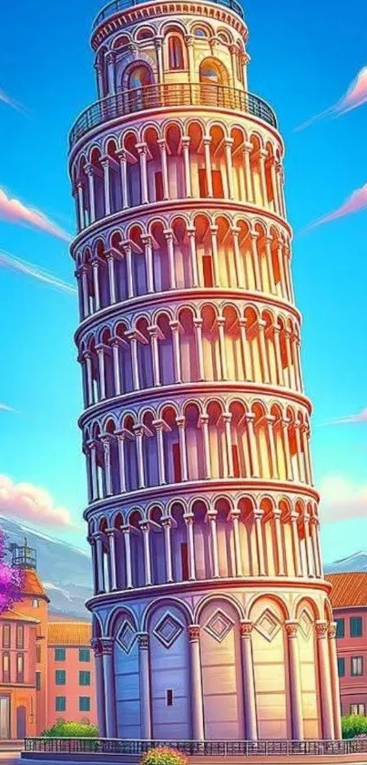 Colorful Leaning Tower of Pisa in cartoon style.