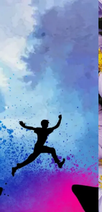 Silhouette of person leaping with vibrant sky and floral background.