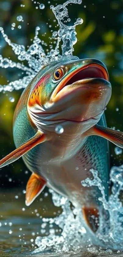Colorful fish leaps from water with splashes.