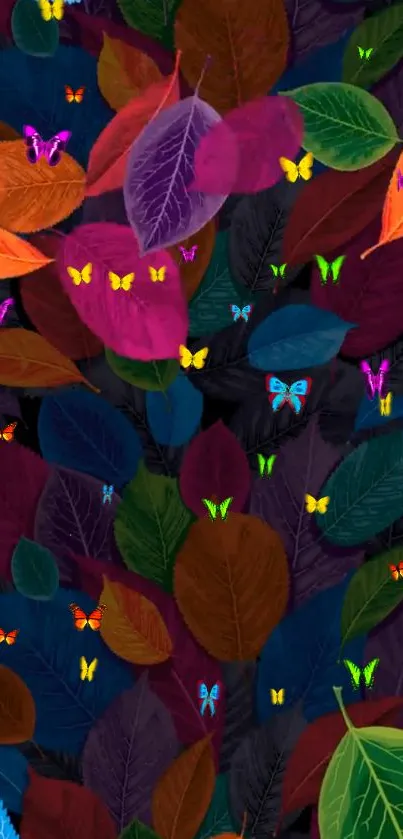 Vibrant leaves with colorful butterflies on dark wallpaper design.