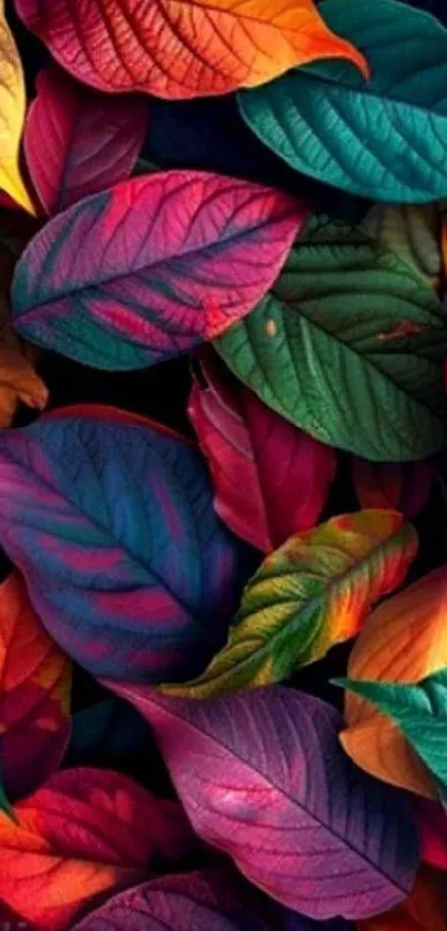Colorful leaves in vibrant patterns on a wallpaper.
