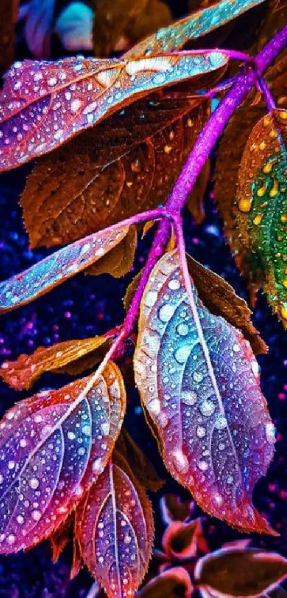 Vibrant leaves with water droplets in artistic colors.