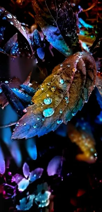 Colorful leaves with water droplets in blue and purple hues, perfect nature wallpaper.