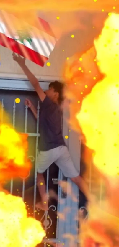 Person reaching for Lebanese flag amidst fiery blaze.