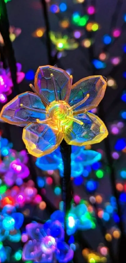 Vibrant LED flower lights with colorful bokeh in the background.