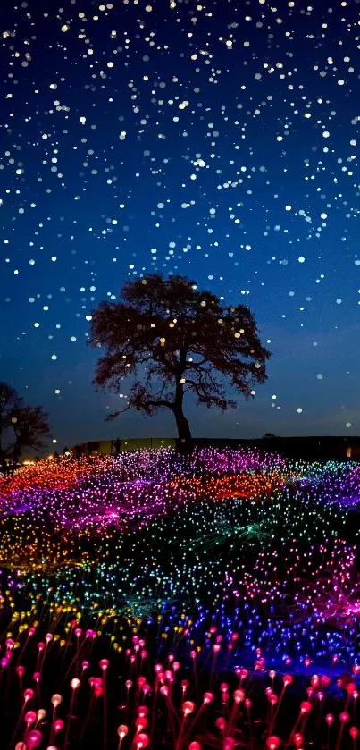 Lone tree in illuminated, colorful LED night meadow.