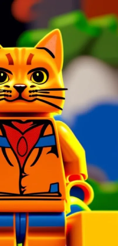 Vibrant orange Lego cat with colorful background.