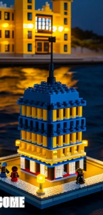 LEGO cityscape wallpaper with vibrant colors and night lighting.